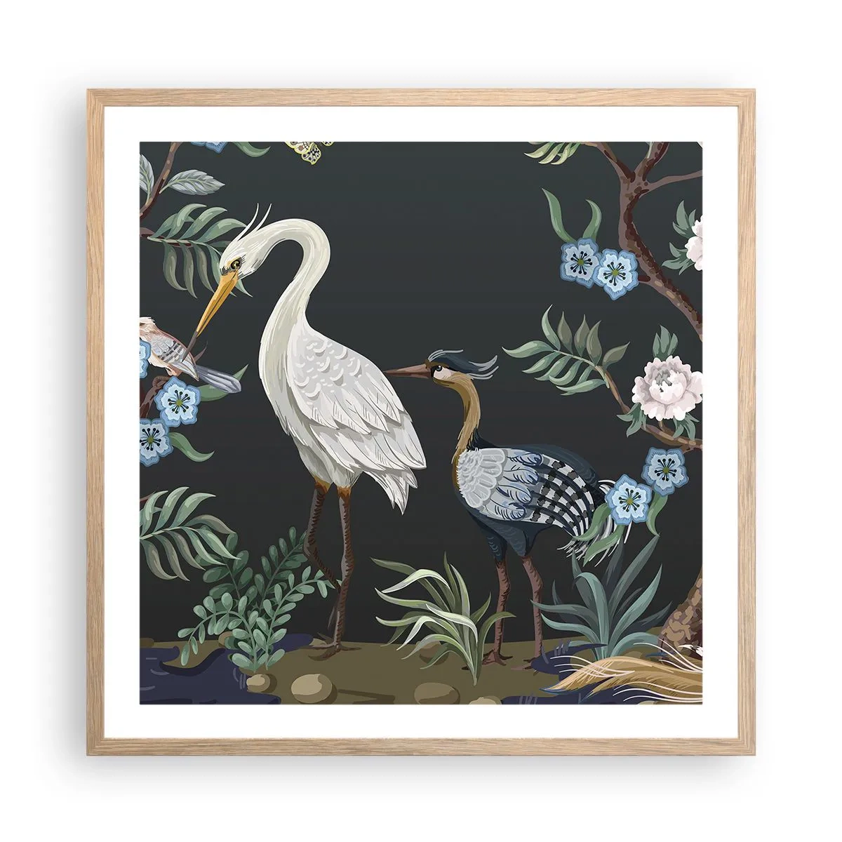 Poster in einem Rahmen aus heller Eiche - Vogelparade - 60x60 cm