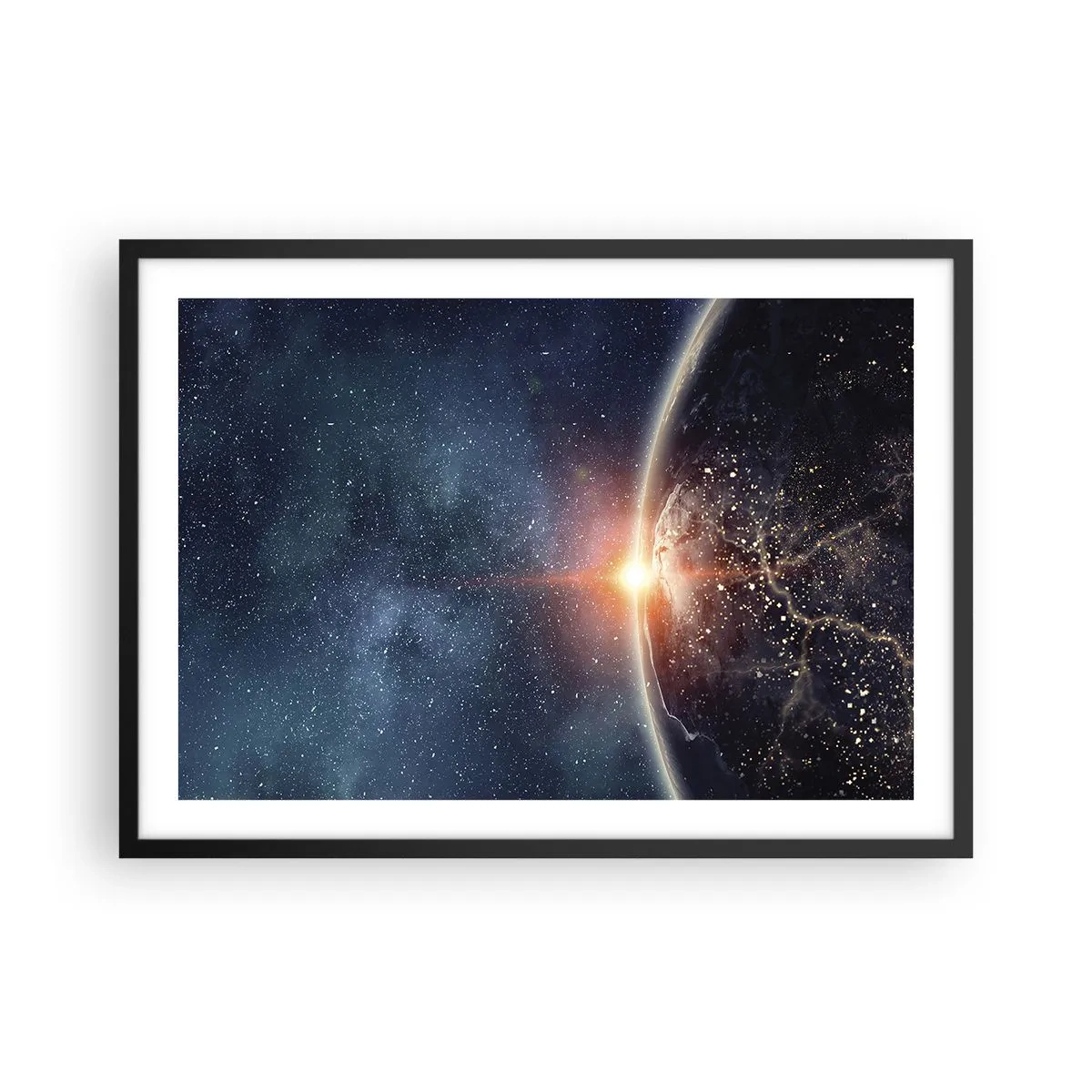 Poster in einem schwarzem Rahmen - Die Erde vom Weltraum aus gesehen mit der aufgehenden Sonne - 70x50cm - In einer neuen Perspektive - Moderne Wanddekoration für Wohnzimmer und Schlafzimmer ARTTOR