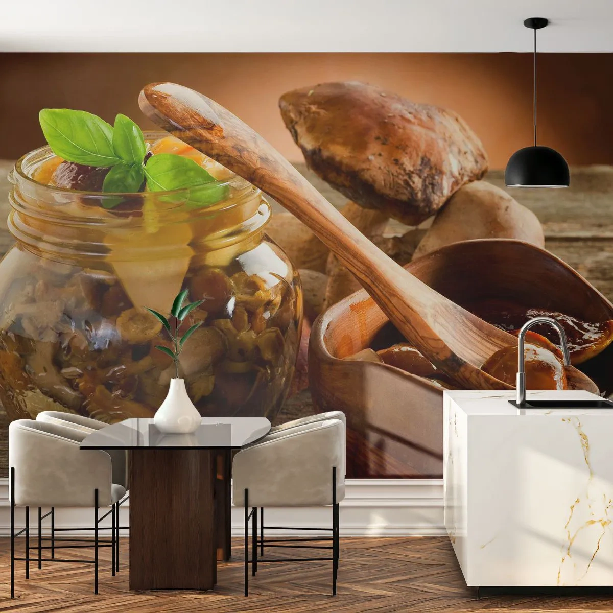 Fototapete Premium Sand - Eingelegte Pilze in einem Glas auf einem Holztisch - 100x70cm - Ob frisch oder gesalzen, oder in der Herbstsaison ... - Moderne Wanddekoration für Wohnzimmer und Schlafzimmer ARTTOR