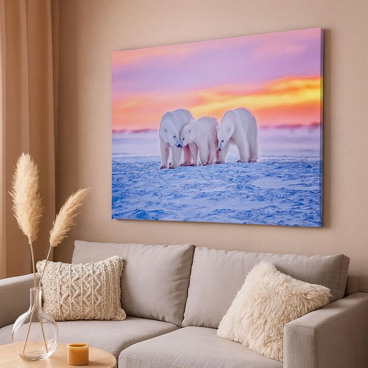 Bild auf Leinwand - Leinwandbild - Drei Eisbären vor dem Hintergrund eines arktischen Sonnenuntergangs - 70x50cm - Familienwärme ist genug - Moderne Wanddekoration für Wohnzimmer und Schlafzimmer ARTTOR