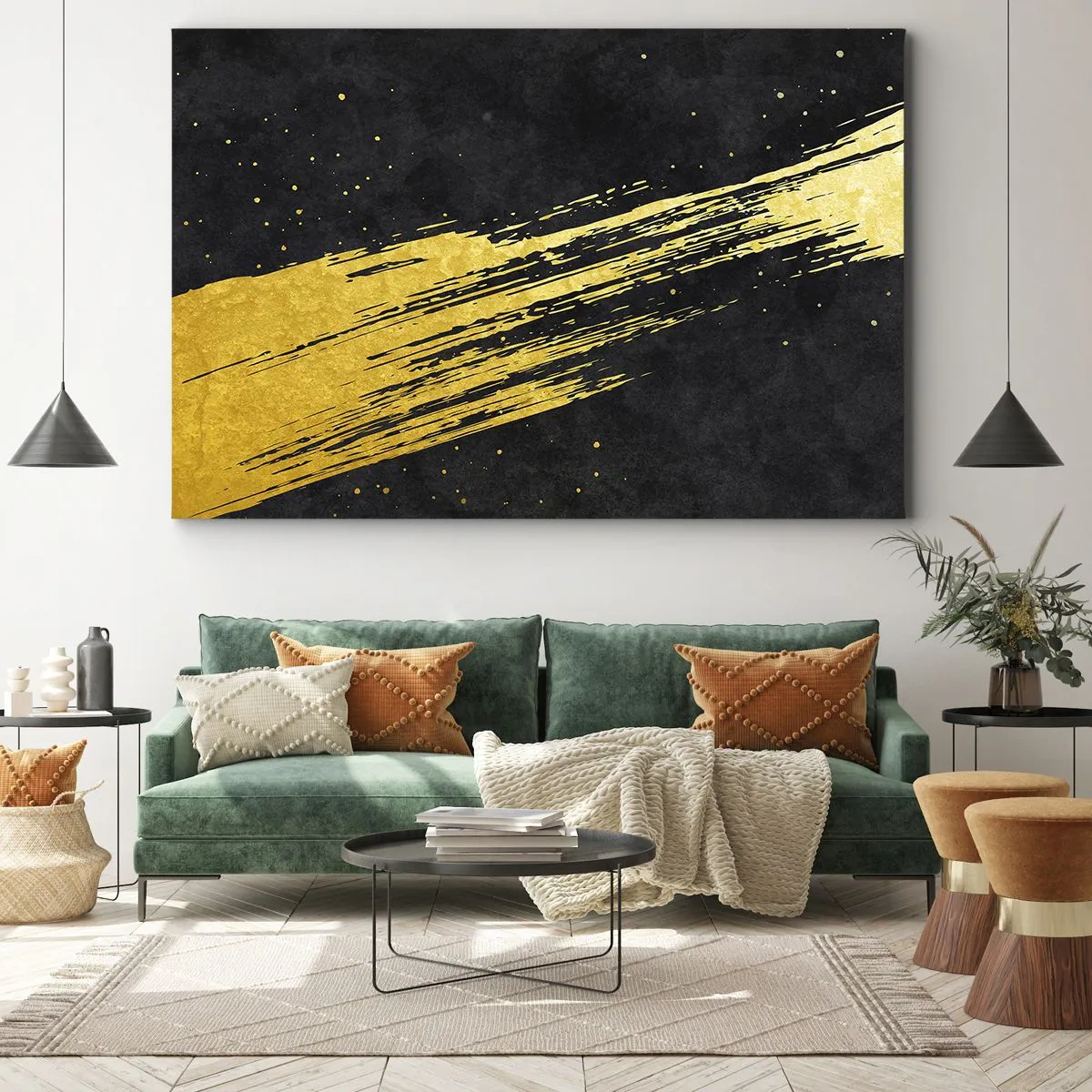 Bild auf Leinwand - Leinwandbild - Schwarzer Hintergrund mit dynamischen goldenen Pinselstrichen - 70x50cm - Sprung in den Hyperraum - Moderne Wanddekoration für Wohnzimmer und Schlafzimmer ARTTOR