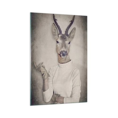 Glasbild - Bild auf glas - Ein Triptychon mit Tierfiguren in Menschenkleidung vor künstlerischem Hintergrund - 80x120cm - Lass die Gesten sprechen - Moderne Wanddekoration für Wohnzimmer und Schlafzimmer ARTTOR