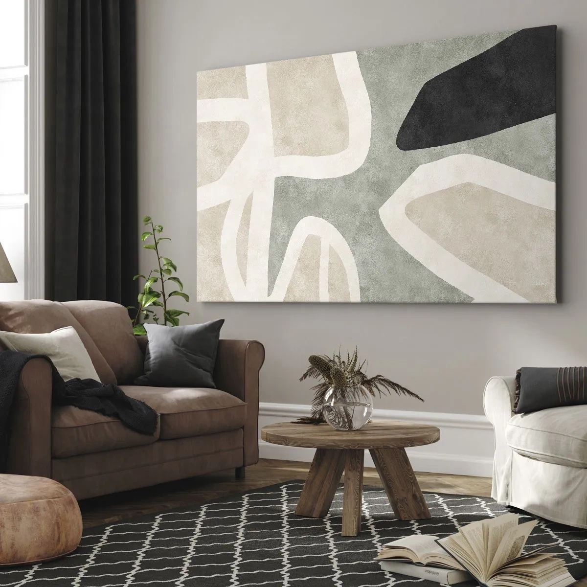 Bild auf Leinwand - Leinwandbild - Abstrakte Formen in gedämpften Farben - 100x70cm - Komposition mit schwarzem Motiv - Moderne Wanddekoration für Wohnzimmer und Schlafzimmer ARTTOR