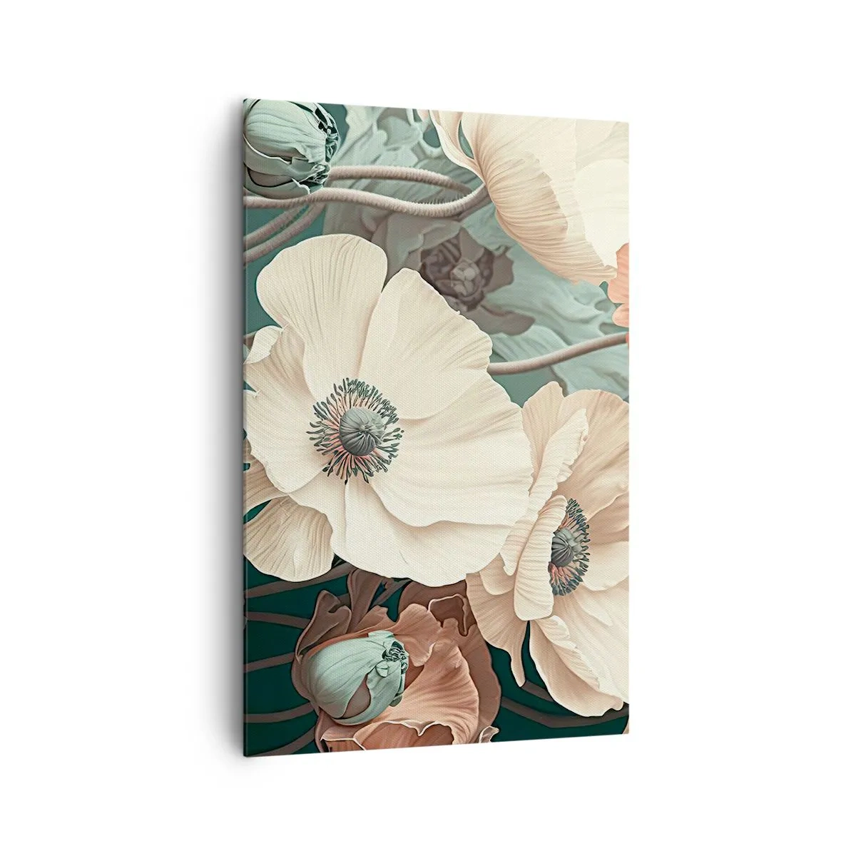 Bild auf Leinwand - Leinwandbild - Elegante Blumen in Pastelltönen auf grünem Hintergrund - 80x120cm - Flüstern von Mohnblumen - Moderne Wanddekoration für Wohnzimmer und Schlafzimmer ARTTOR