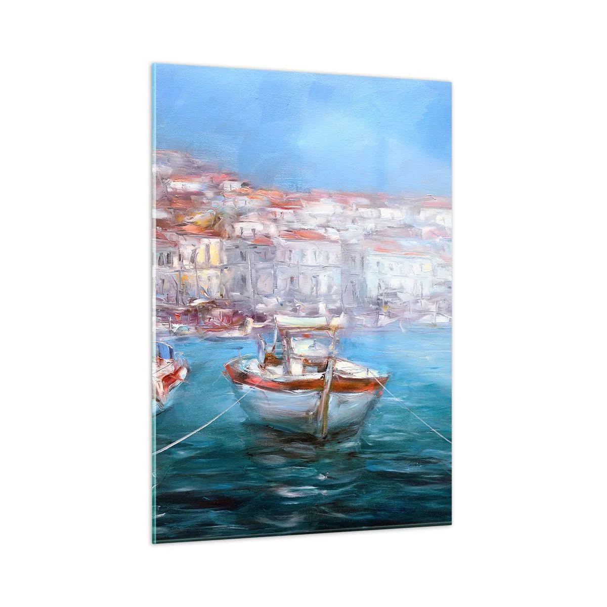 Glasbild - Bild auf glas - Fischerhafen mit Booten vor der Kulisse italienischer Gebäude und blauem Himmel - 50x70cm - Italienische Bucht - Moderne Wanddekoration für Wohnzimmer und Schlafzimmer ARTTOR