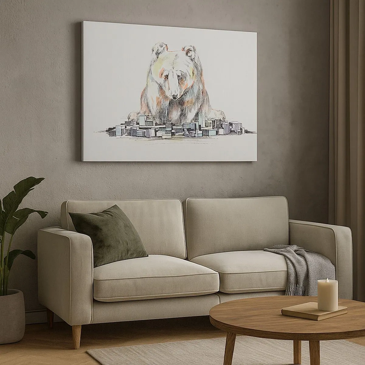 Bild auf Leinwand - Leinwandbild - Illustration eines Bären mit bunten Details und Blöcken - 70x50cm - Wie kann man so leben? - Moderne Wanddekoration für Wohnzimmer und Schlafzimmer ARTTOR