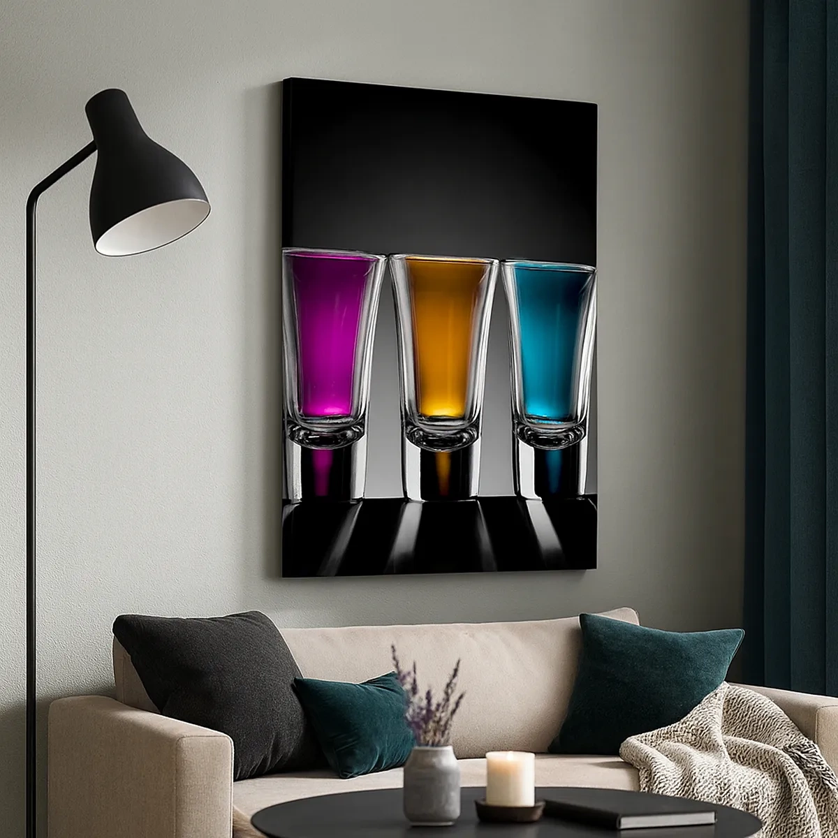 Bild auf Leinwand - Leinwandbild - Bunte Gläser auf schwarzem Hintergrund - 50x70cm - Die Farben der Freude - Moderne Wanddekoration für Wohnzimmer und Schlafzimmer ARTTOR