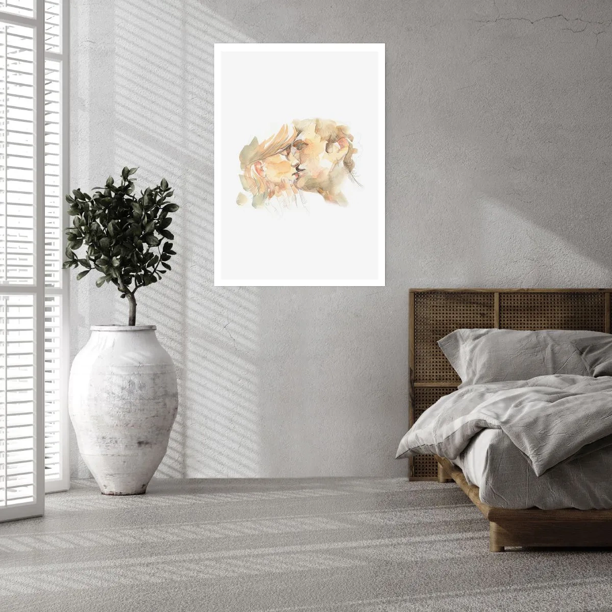 Poster - Ein zartes Aquarellporträt eines Paares bei einem zärtlichen Kuss. - 50x70cm - Hälfte gefunden? - Moderne Wanddekoration für Wohnzimmer und Schlafzimmer ARTTOR