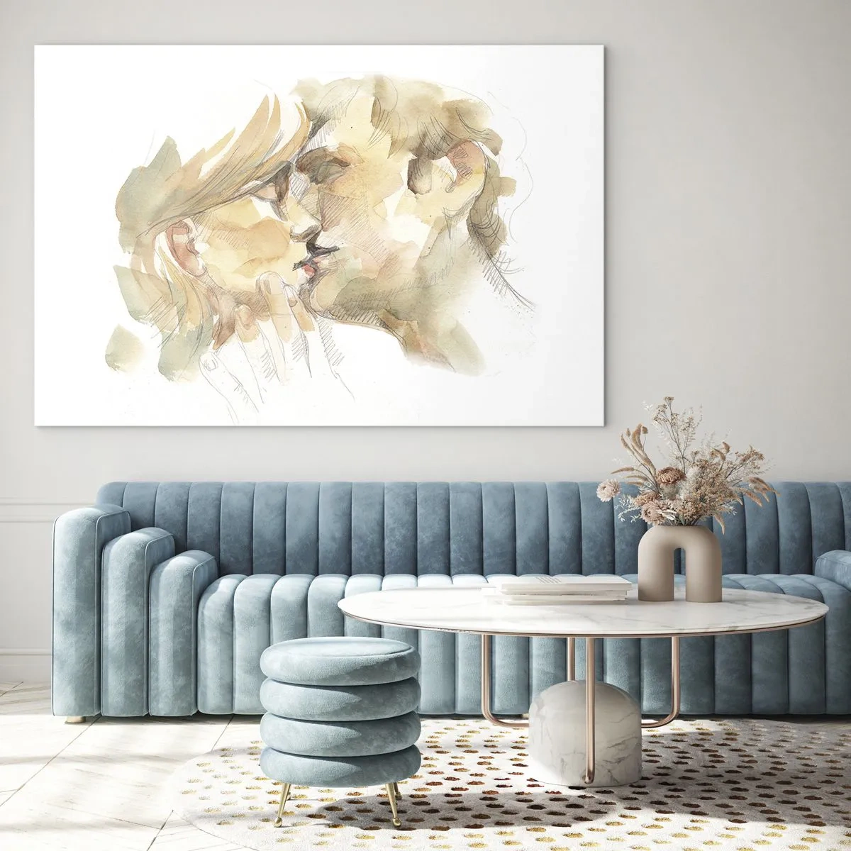 Glasbild - Bild auf glas - Romantisches Aquarell eines Liebeskusses - 120x80cm - Hälfte gefunden? - Moderne Wanddekoration für Wohnzimmer und Schlafzimmer ARTTOR