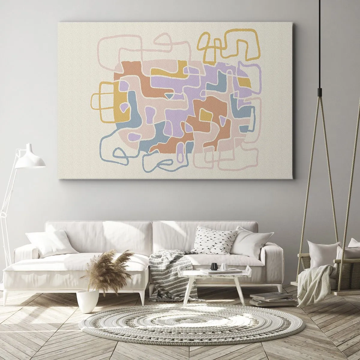 Bild auf Leinwand - Leinwandbild - Pastellfarbene abstrakte Linien erzeugen geometrische Muster - 70x50cm - Labyrinth – ein freudiges Abenteuer - Moderne Wanddekoration für Wohnzimmer und Schlafzimmer ARTTOR