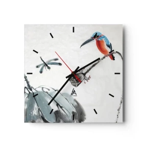 Wanduhr - Glasuhr - Ein bunter Vogel vor einem Hintergrund aus Vegetation und einer Libelle - 30x30cm - Das Leben der Wiese - Moderne Wanddekoration für Wohnzimmer und Schlafzimmer ARTTOR