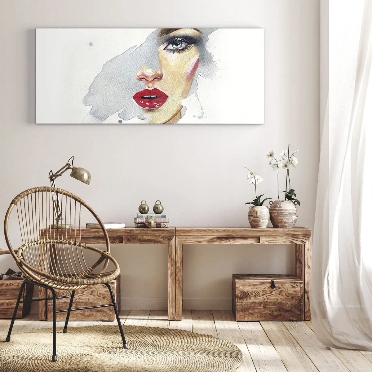 Bild auf Leinwand - Leinwandbild - Ein Aquarellporträt einer Frau mit intensivem Blick. - 120x50cm - Abspiegeln in einem Wassertropfen - Moderne Wanddekoration für Wohnzimmer und Schlafzimmer ARTTOR