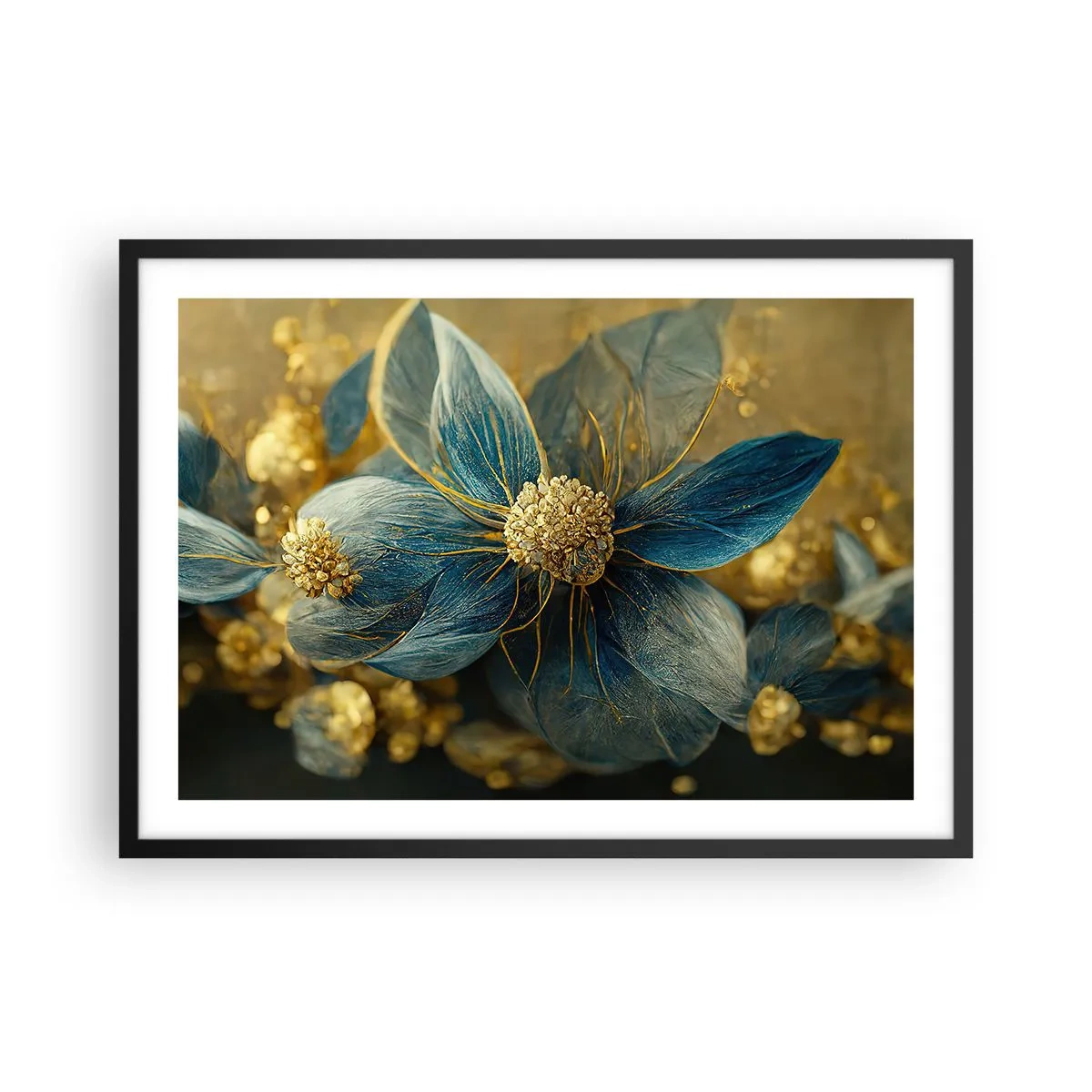 Poster in einem schwarzem Rahmen - Elegante Blumen in Blau- und Goldtönen - 70x50cm - Mit Gold blühen - Moderne Wanddekoration für Wohnzimmer und Schlafzimmer ARTTOR