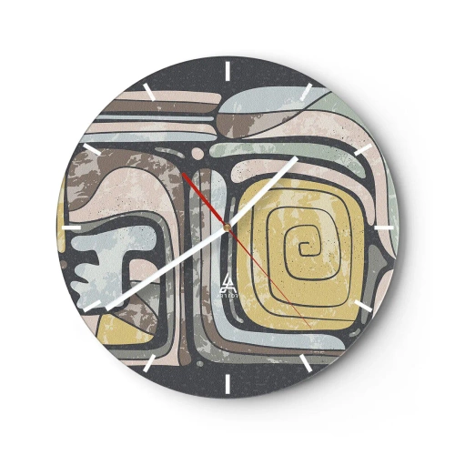 Wanduhr - Glasuhr - Abstrakte Formen mit Spiralmotiv im Ethno-Stil - 30x30cm - Abstraktion im präkolumbianischen Geist - Moderne Wanddekoration für Wohnzimmer, Küche und Schlafzimmer ARTTOR