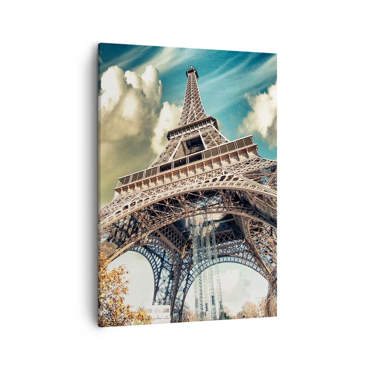 Bild auf Leinwand - Leinwandbild - Der Eiffelturm von unten in herbstlicher Kulisse - 50x70cm - Und im Herbst in Paris ... - Moderne Wanddekoration für Wohnzimmer und Schlafzimmer ARTTOR