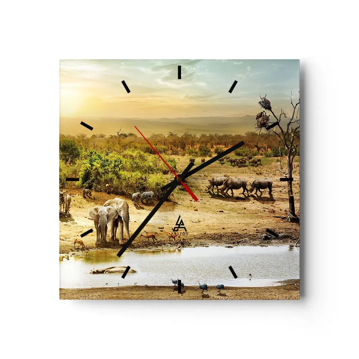 Wanduhr - Glasuhr - Elefanten und Wildtiere an einer Wasserstelle bei Sonnenuntergang - 30x30cm - Ein Fluss floss aus Eden ... - Moderne Wanddekoration für Wohnzimmer und Schlafzimmer ARTTOR