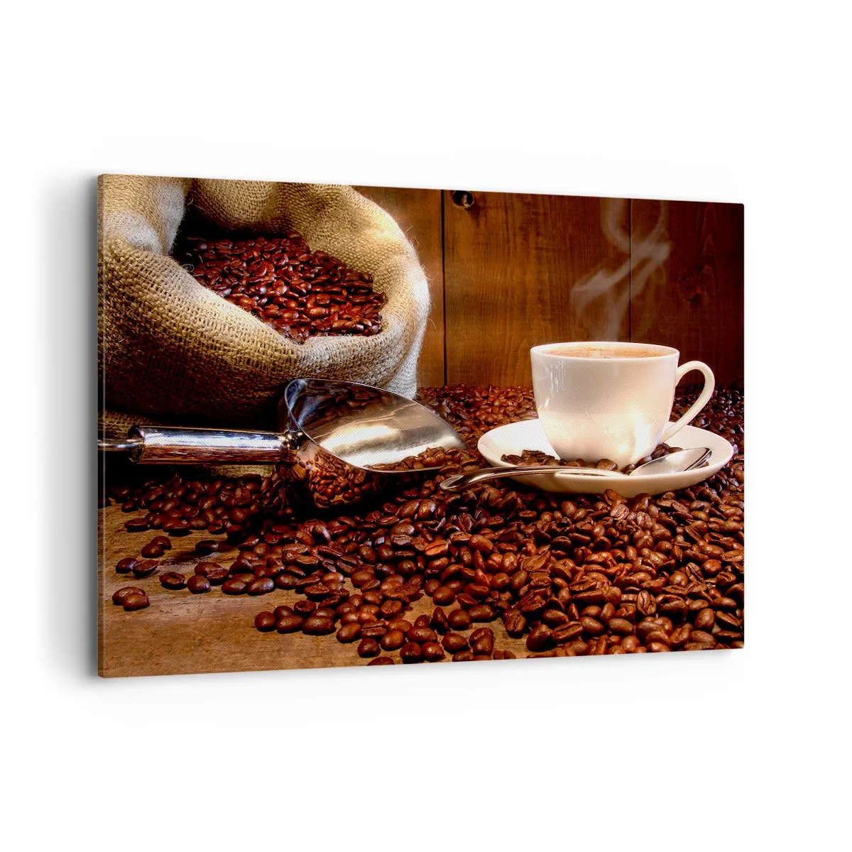 Bild auf Leinwand - Leinwandbild - Eine Tasse Kaffee mit Kaffeebohnen und einem Getreidesack im Hintergrund - 120x80cm - Fühlst du diesen Geruch? - Moderne Wanddekoration für Wohnzimmer und Schlafzimmer ARTTOR