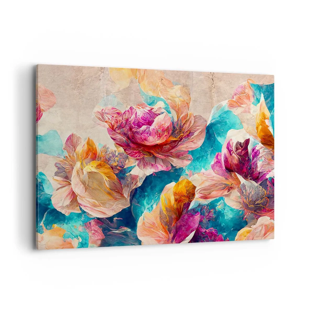 Bild auf Leinwand - Leinwandbild - Bunte Blumen auf beigem Hintergrund - 100x70cm - Farbenpracht des Straußes - Moderne Wanddekoration für Wohnzimmer und Schlafzimmer ARTTOR