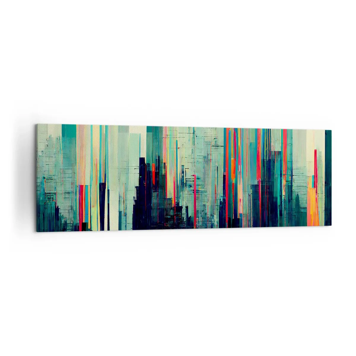 Bild auf Leinwand - Leinwandbild - Abstraktion mit vertikalen Linien und einer Stadtsilhouette - 160x50cm - Futuristische Stadt - Moderne Wanddekoration für Wohnzimmer und Schlafzimmer ARTTOR