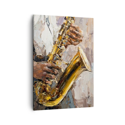 Bild auf Leinwand - Leinwandbild - Ein Musiker, der Saxophon in einem künstlerischen Stil spielt - 50x70cm - Zeit fürs Solo - Moderne Wanddekoration für Wohnzimmer und Schlafzimmer ARTTOR