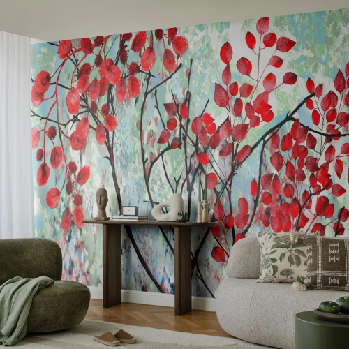 Fototapete Premium Sand - Baum in Scharlachrot - Abstraktion, Rote Blätter, Zweig - 200x140 cm