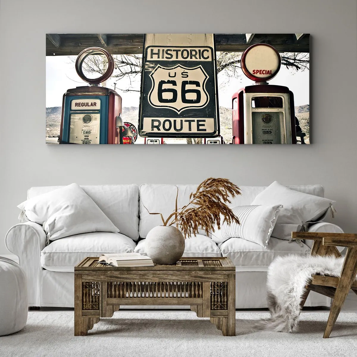 Bild auf Leinwand - Leinwandbild - Historische Tankstelle an der Route 66 - 160x50cm - Amerikanische Retro-Reise - Moderne Wanddekoration für Wohnzimmer und Schlafzimmer ARTTOR