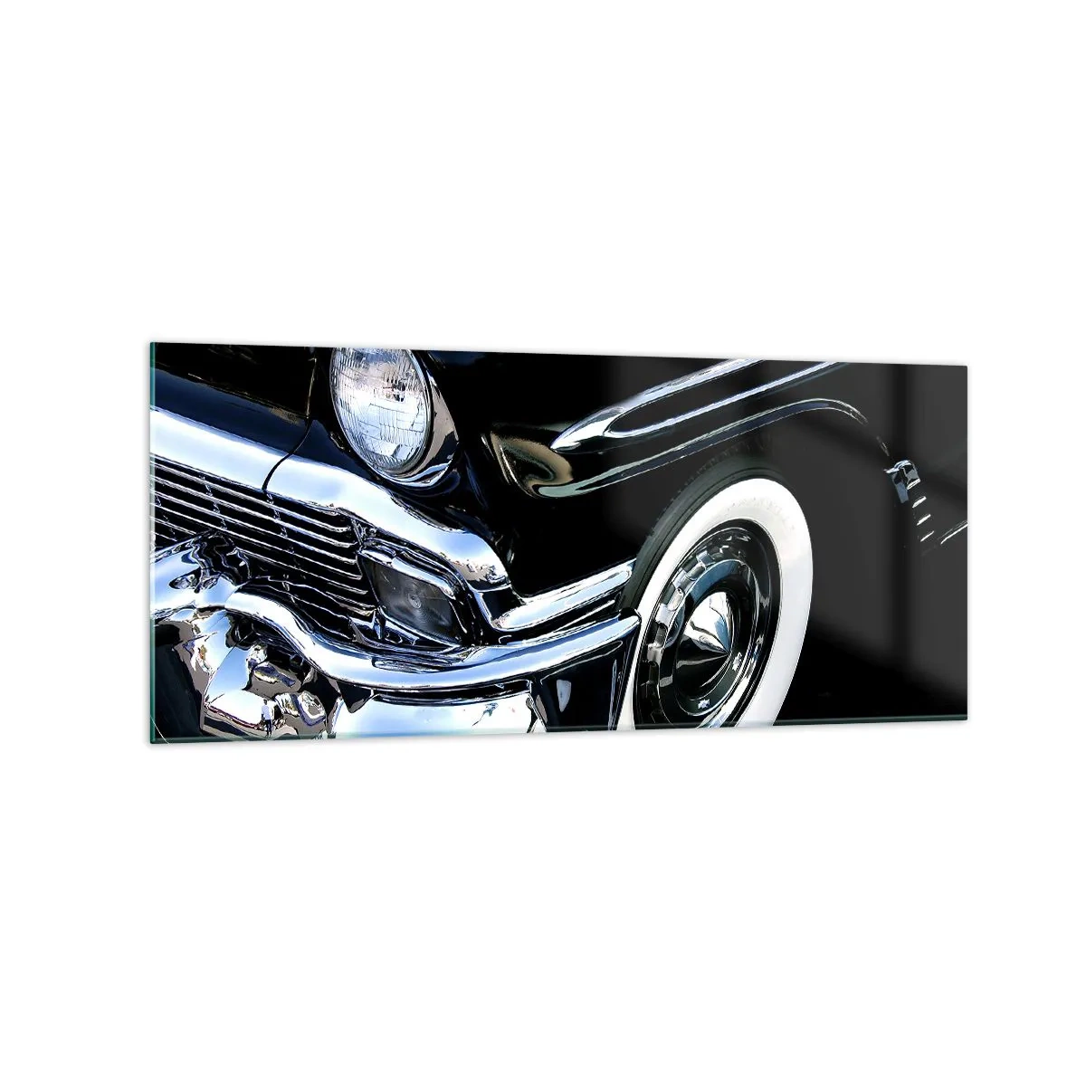 Glasbild - Bild auf glas - Schwarzer Oldtimer, Nahaufnahme von Scheinwerfer und Kotflügel - 120x50cm - Klassiker in Silber, Schwarz und Weiß - Moderne Wanddekoration für Wohnzimmer und Schlafzimmer ARTTOR