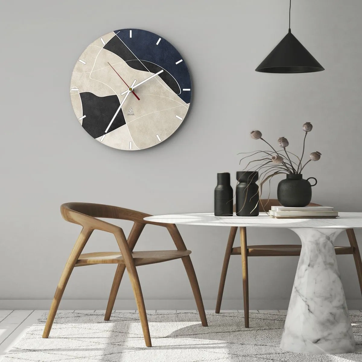 Wanduhr - Glasuhr - Minimalistische Formen in Beige, Schwarz und Marineblau mit weißer Linie - 30x30cm - Abstrakte Komposition – Farbkontrast - Moderne Wanddekoration für Wohnzimmer, Küche und Schlafzimmer ARTTOR