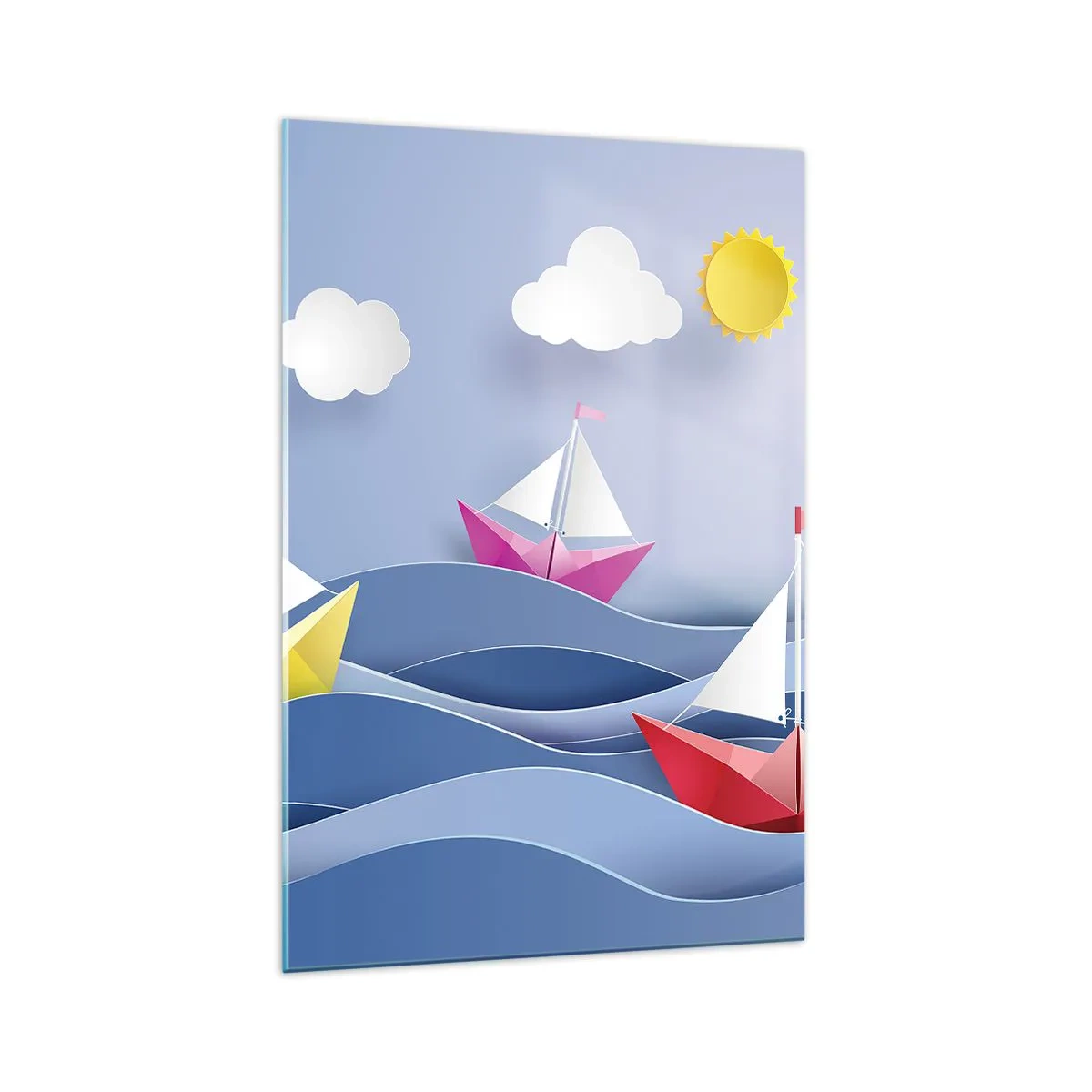 Glasbild - Bild auf glas - Bunte Segelboote auf den Wellen an einem sonnigen Tag - 70x100cm - Ach, wie schön ist es, in den Wellen zu schwingen - Moderne Wanddekoration für Wohnzimmer und Schlafzimmer ARTTOR