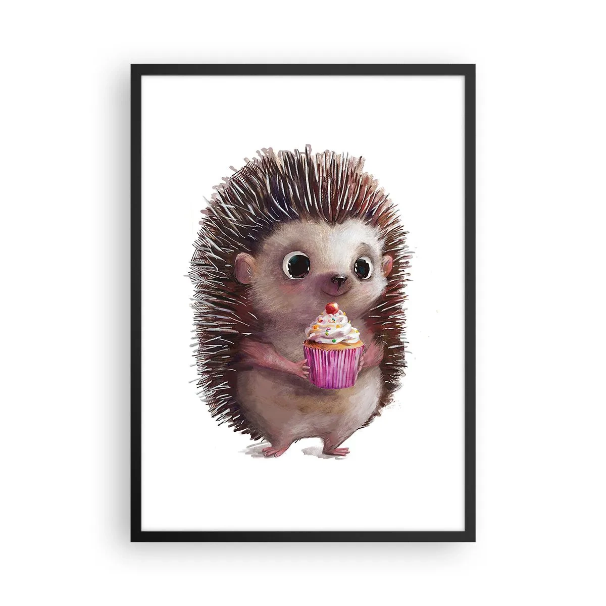 Poster in einem schwarzem Rahmen - Ein süßer Igel hält einen bunten Cupcake - 50x70cm - Der Feiertag ist jeden Tag - Moderne Wanddekoration für Wohnzimmer und Schlafzimmer ARTTOR