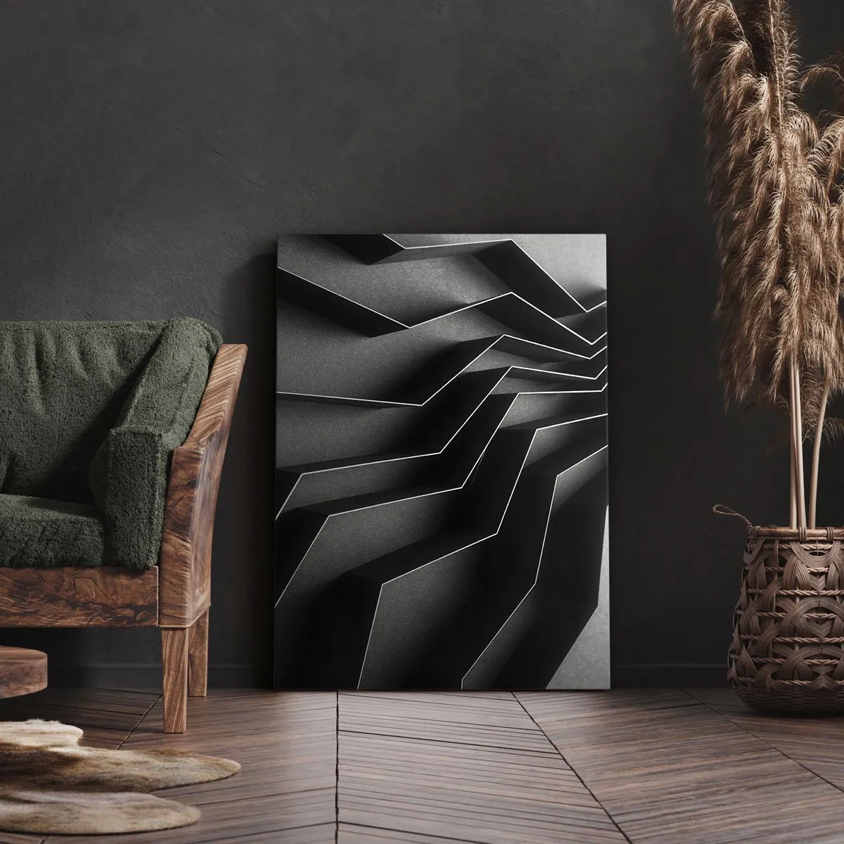 Bild auf Leinwand - Leinwandbild - Schwarz-weiße Abstraktion mit geometrischen Strukturen - 70x100cm - Räumliche Ordnung - Moderne Wanddekoration für Wohnzimmer und Schlafzimmer ARTTOR