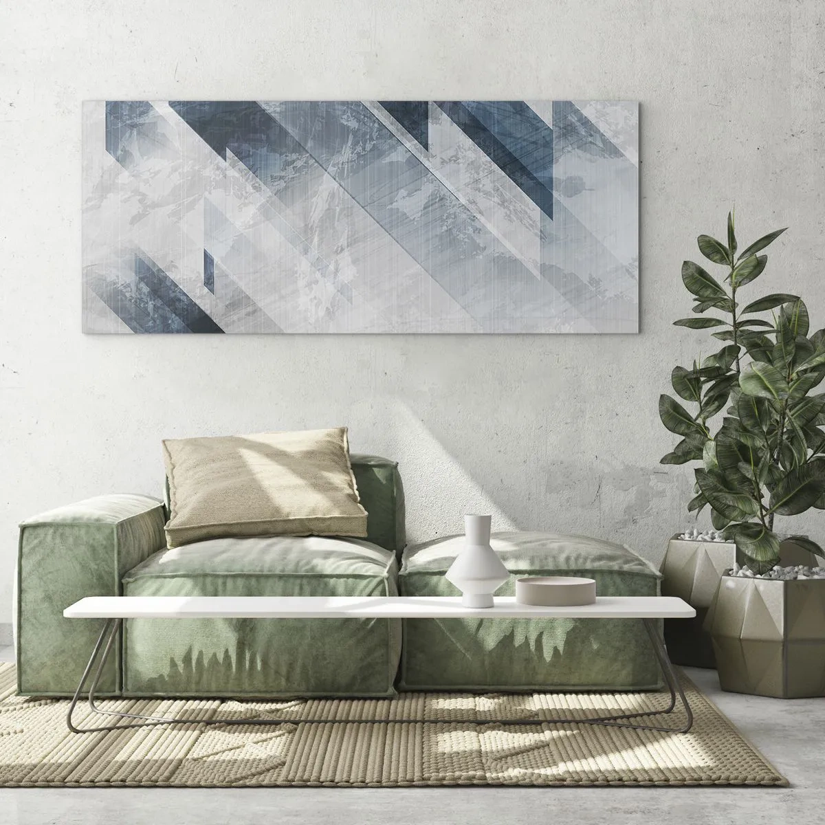 Glasbild - Bild auf glas - Abstrakte Linien in Grau- und Blautönen - 120x50cm - Räumliche Komposition - graue Bewegung - Moderne Wanddekoration für Wohnzimmer und Schlafzimmer ARTTOR