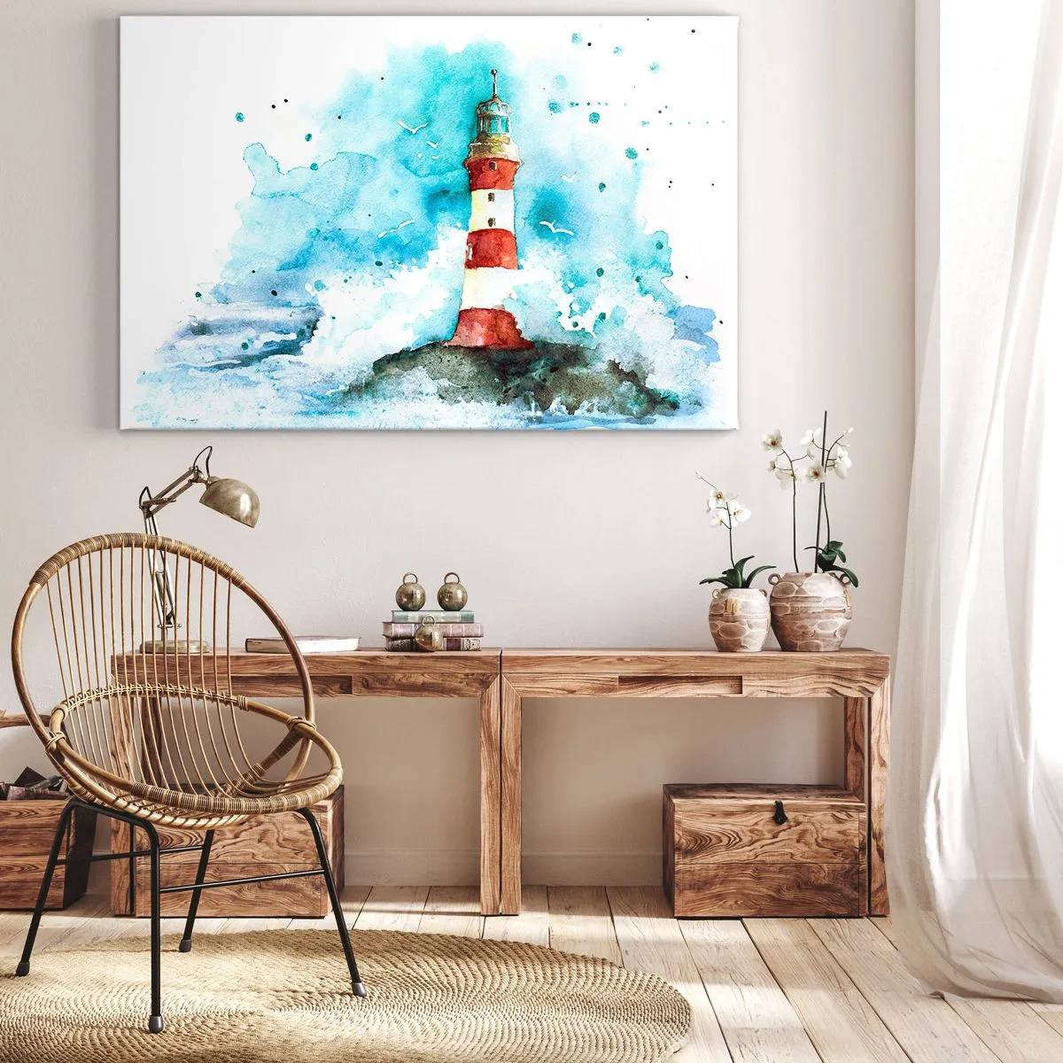 Bild auf Leinwand - Leinwandbild - Ein Leuchtturm in einer Aquarellumgebung mit blauem Hintergrund - 70x50cm - Einheit der Elemente - Moderne Wanddekoration für Wohnzimmer und Schlafzimmer ARTTOR
