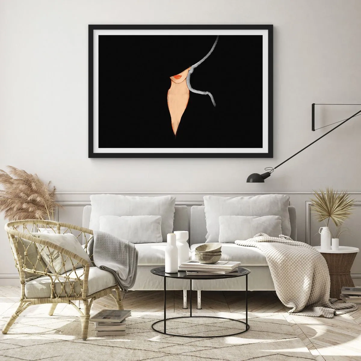 Poster in einem schwarzem Rahmen - Silhouette einer Frau mit Hut auf schwarzem Hintergrund - 70x50cm - Eleganz und Stil - Moderne Wanddekoration für Wohnzimmer und Schlafzimmer ARTTOR