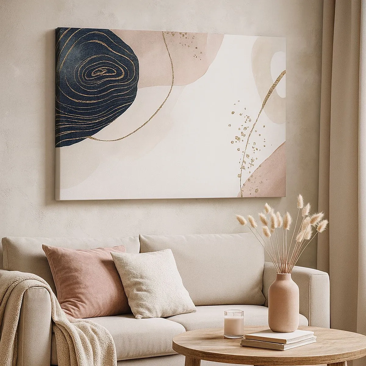 Bild auf Leinwand - Leinwandbild - Abstrakte Formen in Beige- und Marineblautönen mit goldenen Details - 70x50cm - Alles fließt - Moderne Wanddekoration für Wohnzimmer und Schlafzimmer ARTTOR