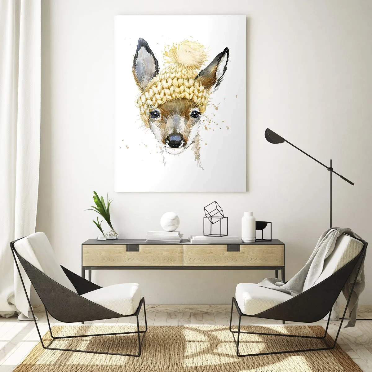 Glasbild - Bild auf glas - Aquarell Hirsch in einer gelben Mütze - 80x120cm - Für den Winter im verschneiten Wald - Moderne Wanddekoration für Wohnzimmer und Schlafzimmer ARTTOR