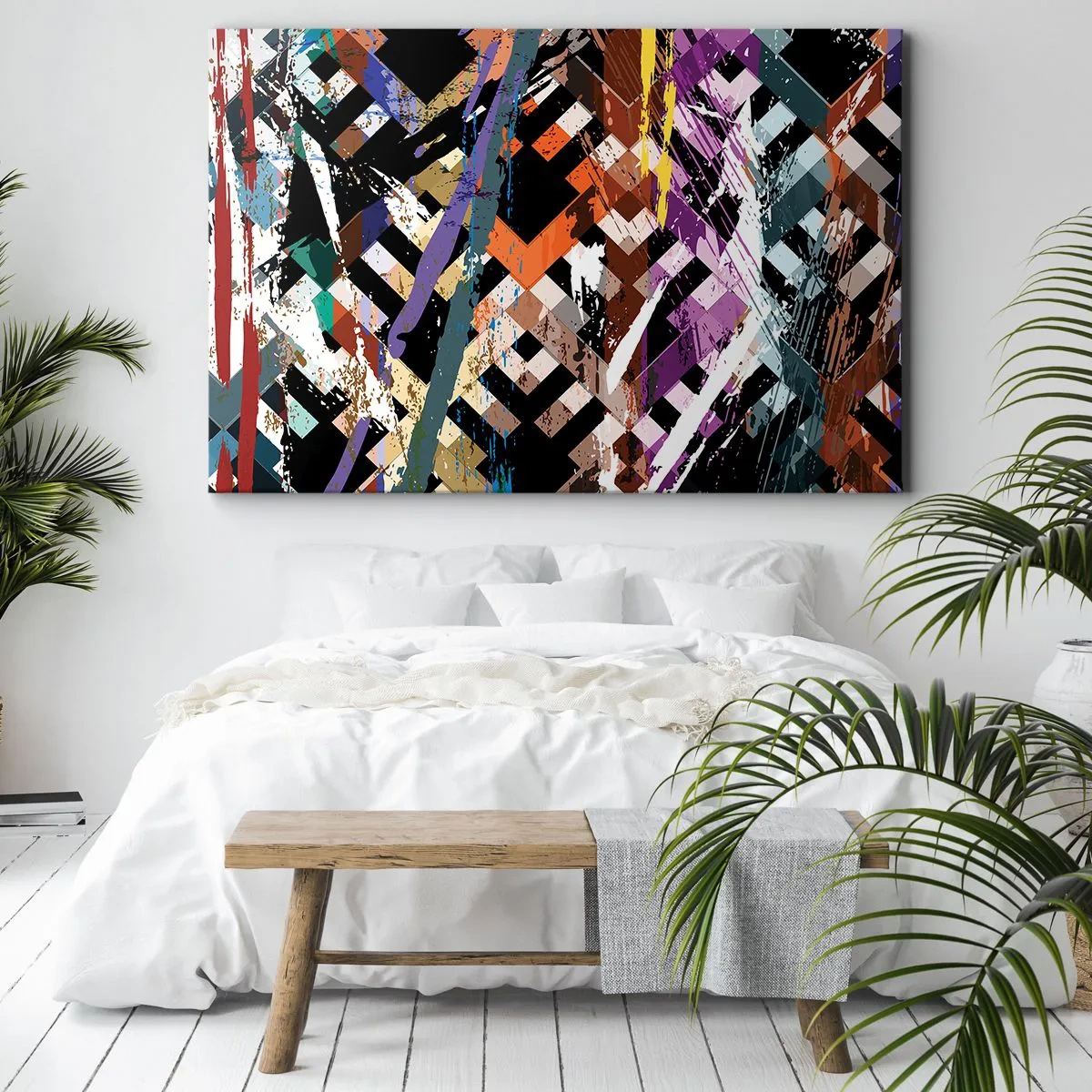 Bild auf Leinwand - Leinwandbild - Abstrakte Komposition mit farbigen Linien auf schwarzem Hintergrund - 120x80cm - Quadriert - Moderne Wanddekoration für Wohnzimmer und Schlafzimmer ARTTOR