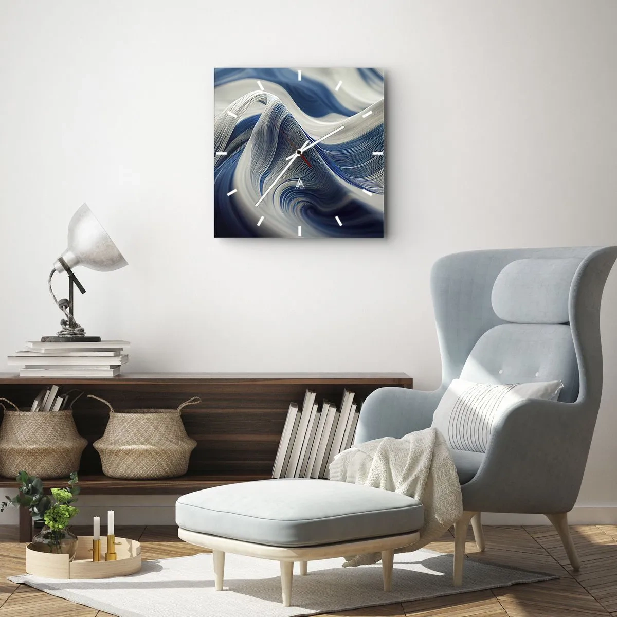 Wanduhr - Glasuhr - Abstrakte Wellen in Blau- und Weißtönen - 30x30cm - Fließfähigkeit von Blau und Weiß - Moderne Wanddekoration für Wohnzimmer und Schlafzimmer ARTTOR