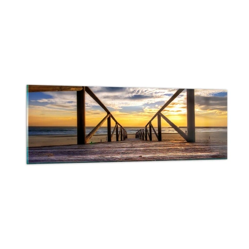 Glasbild - Bild auf glas - Direkt zum ruhigen Strand bei Sonnenuntergang - 90x30 cm