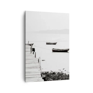 Bild auf Leinwand - Leinwandbild - Holzsteg und Boote auf ruhigem Wasser - 70x100cm - Ruhig und sauber über dem Wasser - Moderne Wanddekoration für Wohnzimmer und Schlafzimmer ARTTOR