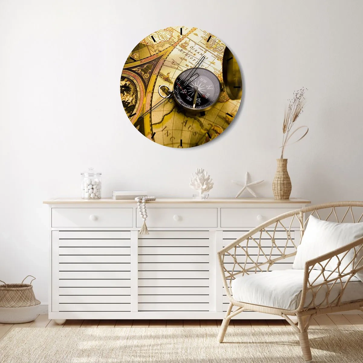 Wanduhr - Glasuhr - Ein Kompass auf einem alten Kartenhintergrund - 30x30cm - Oder vielleicht bis ans Ende der Welt? - Moderne Wanddekoration für Wohnzimmer, Küche und Schlafzimmer ARTTOR