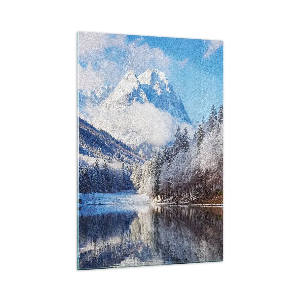 Glasbild - Bild auf glas - Winterliche Berglandschaft mit schneebedeckten Bäumen und einem See - 70x100cm - Schneefang - Moderne Wanddekoration für Wohnzimmer und Schlafzimmer ARTTOR