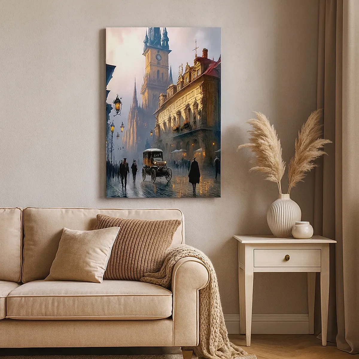 Bild auf Leinwand - Leinwandbild - Abendliche Straßenszene mit historischer Architektur - 50x70cm - Charme eines Prager Abends - Moderne Wanddekoration für Wohnzimmer und Schlafzimmer ARTTOR