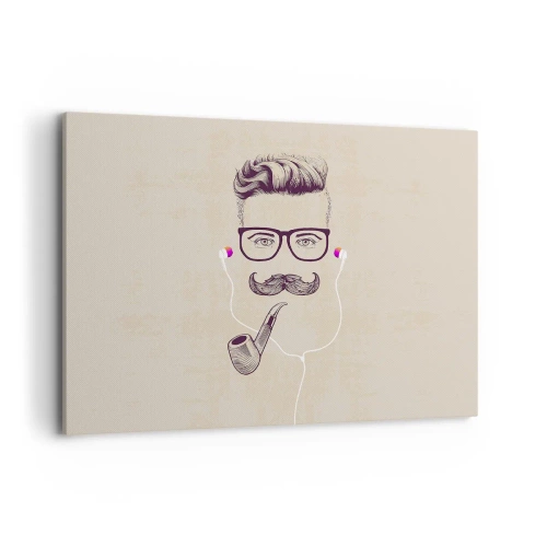 Bild auf Leinwand - Leinwandbild - Retro-Porträt eines Mannes mit Pfeife, Kopfhörer und Brille - 120x80cm - Ein echter Mann? - Moderne Wanddekoration für Wohnzimmer und Schlafzimmer ARTTOR
