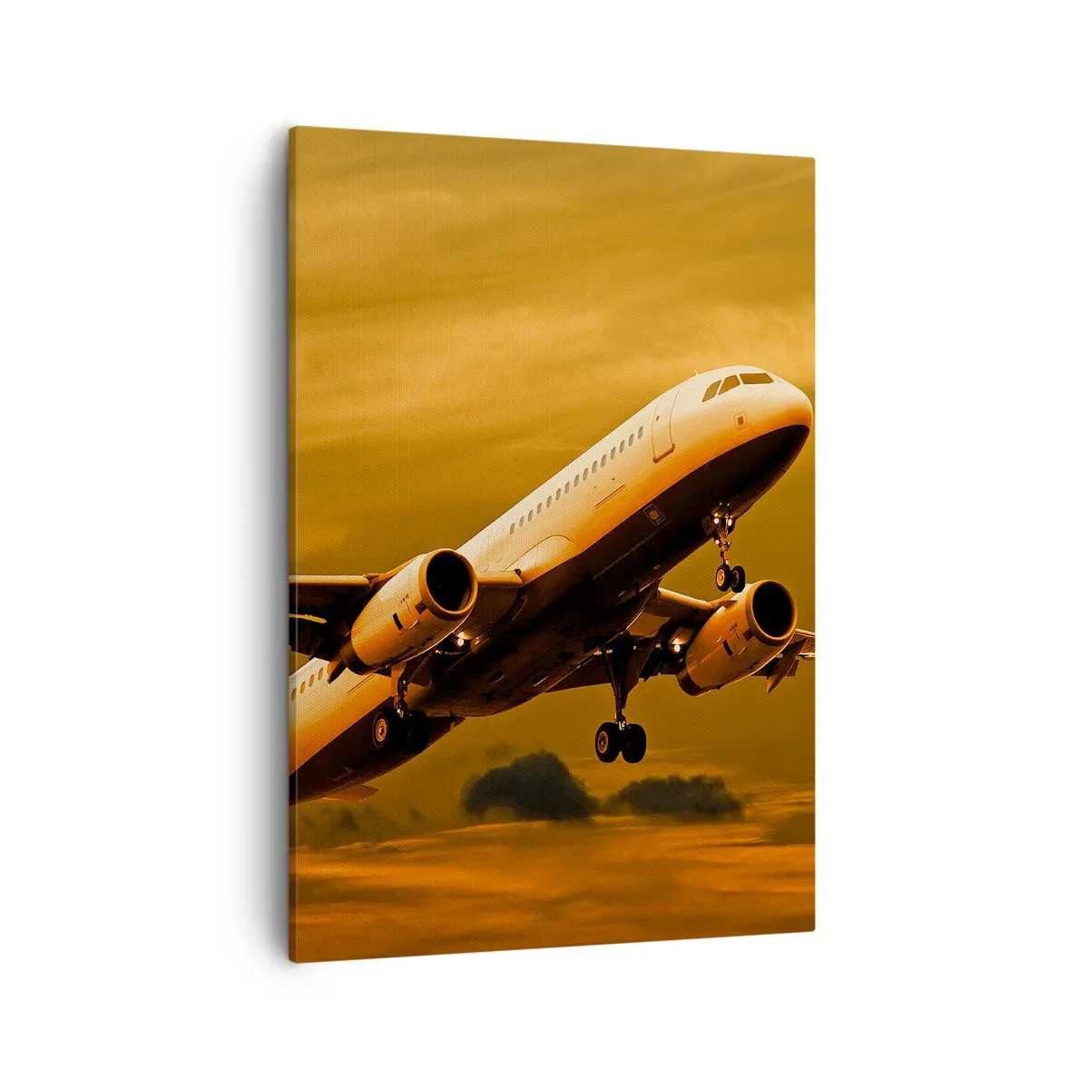 Bild auf Leinwand - Leinwandbild - Ein Passagierflugzeug hebt vor einem goldenen Sonnenuntergangshimmel ab. - 50x70cm - Flug der Sonne entgegen - Moderne Wanddekoration für Wohnzimmer und Schlafzimmer ARTTOR