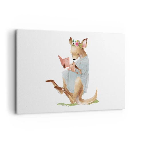 Bild auf Leinwand - Leinwandbild - Kanga liest mit einem Baby ein Buch - 120x80cm - Lies mir vor Mama - Moderne Wanddekoration für Wohnzimmer und Schlafzimmer ARTTOR