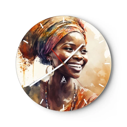 Wanduhr - Glasuhr - Eine lächelnde Frau mit Turban vor einem Hintergrund aus Aquarellflecken. - 30x30cm - Afrikanische Königin - Moderne Wanddekoration für Wohnzimmer, Küche und Schlafzimmer ARTTOR