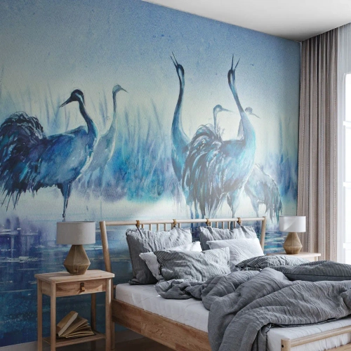 Fototapete Premium Sand - Watvögel im Morgengrauen vor dem blauen Wasser - 100x70cm - Morgentliches Treffen - Moderne Wanddekoration für Wohnzimmer und Schlafzimmer ARTTOR