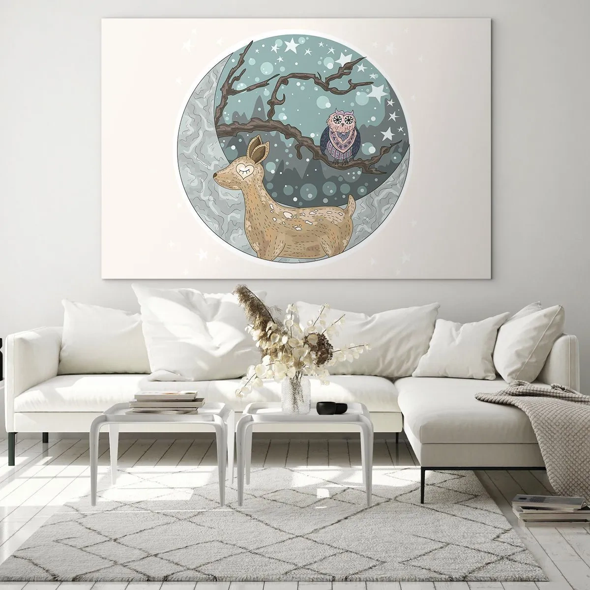 Glasbild - Bild auf glas - Illustration eines Hirsches und einer Eule in einer magischen Umgebung - 70x50cm - Eine märchenhafte Waldnacht - Moderne Wanddekoration für Wohnzimmer und Schlafzimmer ARTTOR