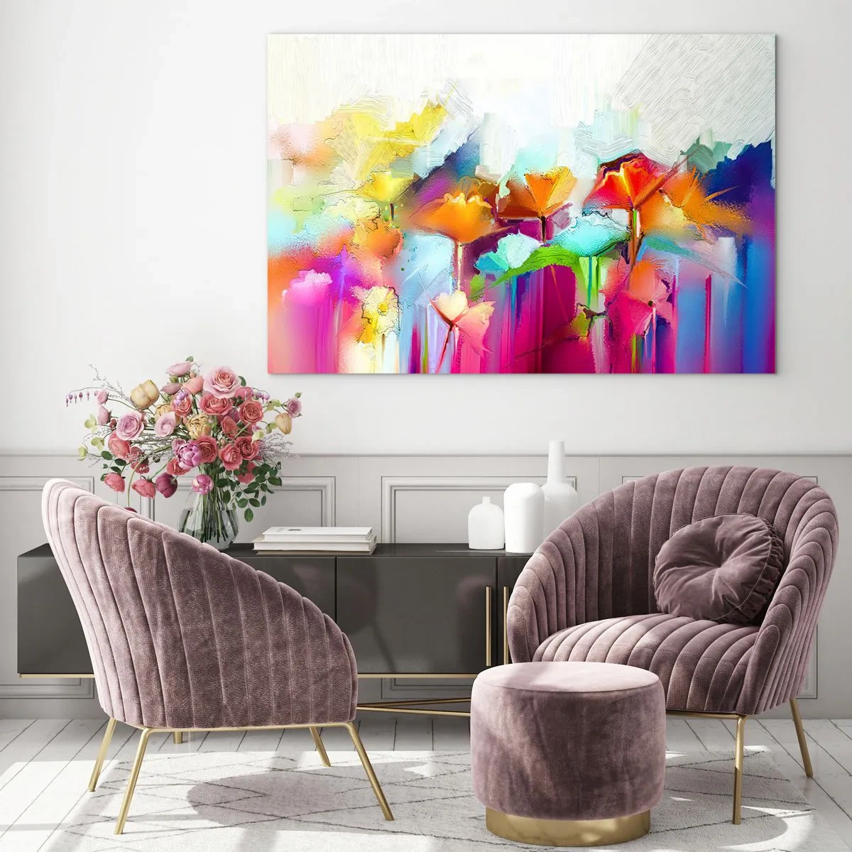 Glasbild - Bild auf glas - Abstrakte Blumen in intensiven Regenbogenfarben - 70x50cm - Der Regenbogen ist aufgeblüht - Moderne Wanddekoration für Wohnzimmer und Schlafzimmer ARTTOR